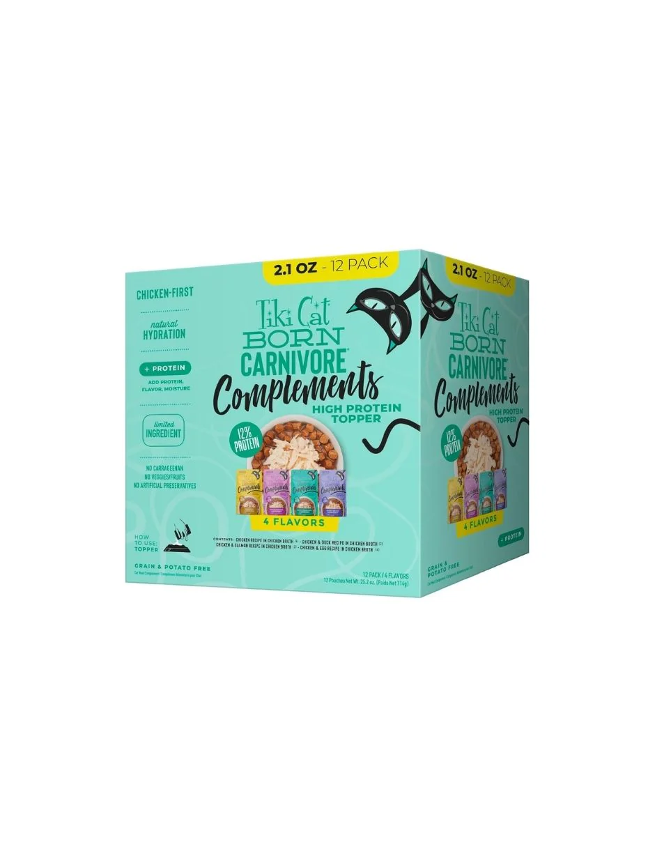 Complemento Húmedo para Gatos Tiki Cat Born Carnivore Topper Alto en Proteína – Paquete Variado 12 Bolsas de 60gr